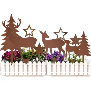 Gartenstecker aus Metall für Rentiere, 9-teilig, bestehend aus 3 Rentieren, 2 Weihnachtsbäumen und 4 Sternen aus Metall, Gartendekoration aus Rost, geeignet für Weihnachten, Gartendekoration Rost