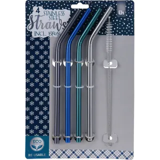 Set mit 4 Strohhalmen und Reinigungsbürste Excellent Houseware, Edelstahl, 25 cm, blau/grün - Blau, Grün, Violett
