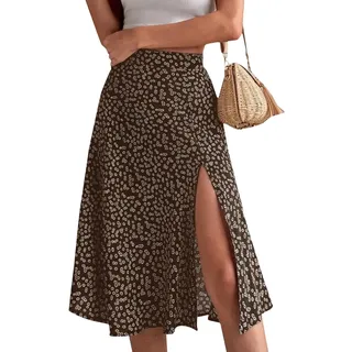 RMBLYfeiye Rock Damen Sommer Lang Vintage Blumenmuster Boho Blümchen Mit Schlitz A-Linien Blumenrock Geblümt Hoher Taille