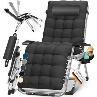 KESSER® Sonnenliege Liegestuhl Klappbar Mit Getränkehalter Gartenstuhl Mit Auflage Polster, Liegestuhl, Extra groß Gartenliege, Verstellbar Rückenlehne Garten Liege mit Kissen-Unterstützung - Schwarz