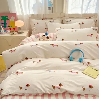 Covebett Bettwäsche 135x200 Kinder Dackel Gestreift Rosa Weiß Dackelmotiv Kawaii Mädchen Wendebettwäsche Set Dachshund Hund Streifen Microfaser Bettbezug und Kissenbezug 40x80cm Reißverschluss
