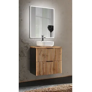 Lomadox - Waschplatz Set Gäste wc Waschtisch Unterschrank 60 cm Spiegel XANTEN-56 in anthrazit mit Eiche Nb. schwarz gerillt, b/h/t: 60,6/200/46,5 cm