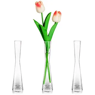 Glasseam Blumenvase Modern Glasvasen Schmal: 3er 20cm Hoch Blomus Vase Glas Set Handmade Schmale Vasen Tischdeko Wohnzimmer Esstisch Tulpenvase Dekovase für Pampasgras Tulpen Rose Hochzeit Deko