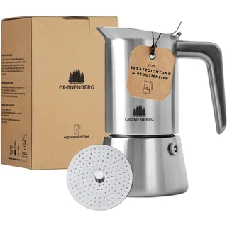 Groenenberg Espressokocher Induktion 4 o. 6 Tassen Espresso I Mokkakanne aus hochwertigem Edelstahl I Espressokanne mit Ersatzdichtung & Reduziersieb