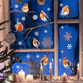 WandSticker4U®- XXL Winter Fensterbilder selbstklebend Vögel ROTKEHLCHEN, SCHNEEFLOCKEN & ÄSTEN (158x106 cm) I Fensterbilder Weihnachten wiederverwendbar Winterdeko Weihnachtsdeko Fenster GROß