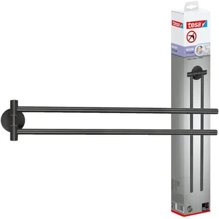 tesa Moon Graphite Handtuchhalter 2-armig in gebürstetem Grafit - Selbstklebende Handtuchstange aus PVD-beschichtetem Metall - ohne Bohren, inkl. Klebelösung - 50mm x 84mm x 456mm