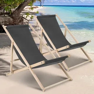 Clanmacy 2X Liegestuhl Gartenstuhl Klappstuhl Kieferholz Holz Klappbar Relax Stoff Deck Grau - Grau