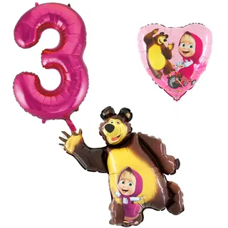 3er Set Mascha und der Bär Folienballons - Zahlenballon 3 pink - Happy Birthday Luftballons - Helium Luftgeeignet
