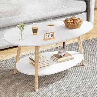Massivholz Teetisch, Oval-Doppelschicht-Couchtisch, Runder Tisch für das Wohnzimmer, Couchtisch, Seitentisch, Teetisch, weiß - Weiß