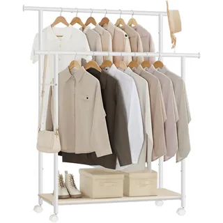 SONGMICS Kleiderständer auf Rollen, Kleiderstange mit Ablage, 2 Stangen, Garderobenstange, 98,5 cm breit, insgesamt bis 100 kg belastbar, Stahlrahmen, naturbeige-wolkenweiß HSR152W01