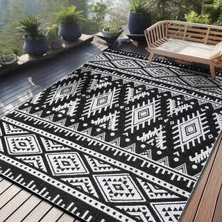 Homaxy Outdoor Teppich Wetterfest, Kunststoff Stroh Faltbar Waschbar UV-beständig Wendbar Balkon Garten Teppich für Terrasse Camping Picknick (240 x 300 cm, Schwarz & Weiß)