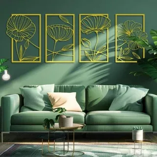 Unyqoos® Goldene Metall-Wanddeko, 4-teilig – abstrakte Blumen mit 3D-Optik, verzinktes Metall, rostfrei, für Wohnzimmer & Schlafzimmer - Gold