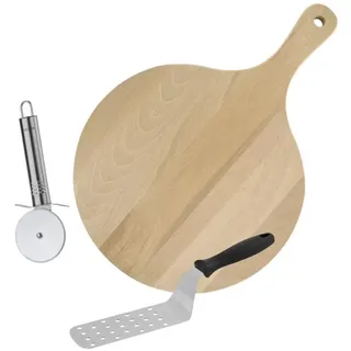 Fackelmann 9999450 Pizzabesteck Set 3-teilig Pizzaschaufel, Pizzaschaufel, Pizzaschneider und Pizzaschneider, Edelstahl, Kunststoff, Holz, 18,5-34 cm