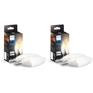 Philips Hue White Ambiance E14 LED Lampen 4er Pack (470 lm), dimmbare LED Leuchtmittel für das Hue Lichtsystem mit warm- bis kühlweißem Licht, smarte Lichtsteuerung über Sprache und App