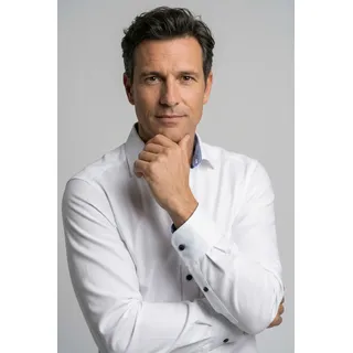 Businesshemd OLYMP "Luxor modern fit", Herren, Gr. 46, N-Gr, bunt (weiß, blau, kontrastfarbene details), Web, Obermaterial: 100% Baumwolle, tailliert, 1-Knopf-Manschette verstellbar, Hemden Businesshemd, mit kontrastfarbigen Details