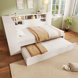 MODFU Schlafsofa Tagesbett 90x200 mit Ausziehbett 90x190,Plattformbett Holzbett Daybett Kinderbett Jugendbett mit Staufach mit USB,Weiß(Ohne Matratze) - Weiß