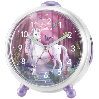 Atrium Kinderwecker Miraluna Mädchen Einhorn Fee Lila Rosa Weiß Analog Quarz ohne Ticken mit Licht und Snooze A932-0