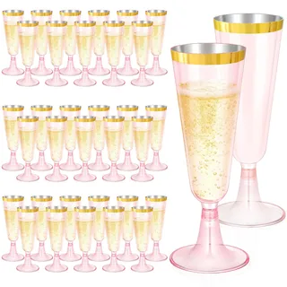 ALEXPRE Rosa Sektgläser Plastik mit Goldrand, 50 Stück Kunststoff 150ml Transparent Cocktail-Sektgläser, Champagner Gläser Mehrweg Weingläser für Partys Hochzeiten Geburtstage Picknick