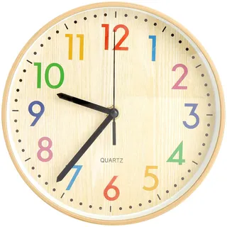 TNSLAND 8 Zoll Wanduhr Kinderzimmer Lautlos, Erwachsener Kinderwanduhr Bunt Buchstaben, 20cm Uhr Holzmaserung Quarz für Schule Büro Wohnzimmer Küche