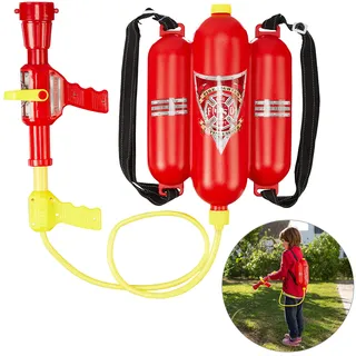 Relaxdays 10027680 Feuerwehr Wasserspritze, 2,5 l Wassertank, 5 m Reichweite, 2 Sprühfunktionen, Löschrucksack Kinder, rot-gelb
