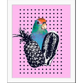 queence Bild "Luana" Ananas  Foto  Kunst  Papageien  Süßigkeiten  Süßspeisen  Vogelbilder  Vögel HD Premium Poster-Druck inkl. Holzrahmen, farbe rahmen: schwarz, farbe bild(er): hellblau