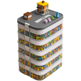 KRUZZEL Bausteine Aufbewahrungsbox 35L mit Griff & Trennwänden – 5 Etagen Stapelbox Transparent für Spielzeug & Schulbedarf Kinder