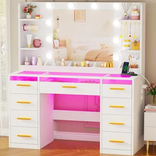 Schminktisch mit Spiegel und RGB-LED-Beleuchtung, 3 Lichtfarben, Glasplatte, 9 Schubladen, weiß