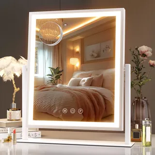Hasipu Kosmetikspiegel mit Beleuchtung, 25 x 30cm LED-Schminkspiegel, Beleuchteter Spiegel mit Smart Touch, 3 Farbmodi und Helligkeitseinstellung, 10-fache Vergrößerung, 360°-Drehung