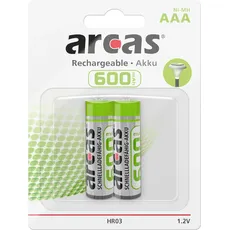 Arcas 17706203 - Akku Ni-MH Batterien AAA / HR03, 2 Stück, Kapazität 600 mAh, wiederaufladbar, schne (2 Stk., AAA, 600 mAh), Batterien + Akkus