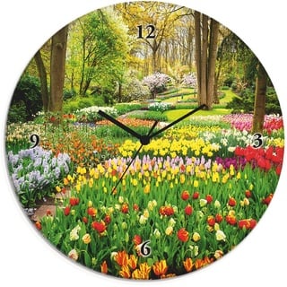 ARTland Wanduhr »Glasuhr rund Tulpen Garten Frühling«, wahlweise mit Quarz- oder Funkuhrwerk, lautlos ohne Tickgeräusche, bunt