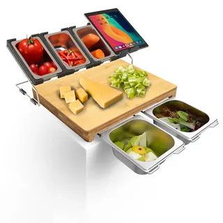 SUNUCO Schneidebrett mit auffangschale Bio-Bambus Holz, Cutting Board Extra Groß, Inklusive 5 x Stainless steel kitchen food storage box und 1 x Telefon/Tablet-Halterung(40 * 28 * 3.2cm)