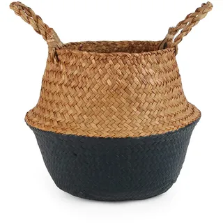 BlueMake Bauchnabelkorb aus Seegras für Lagerung, Wäsche, Picknick, Pflanztopf, Lebensmittel- und Spielzeugaufbewahrung (Small, Schwarz)