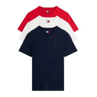 Tommy Hilfiger Tommy Jeans für Herren. DM0DM21579 3er-Pack extra dünne Logo-T-Shirts navy, weiß, rot (L), Lässig, Baumwolle, Kurzarm, Marine