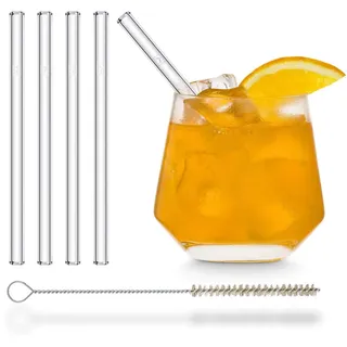 HÅLM HALM Glas Strohhalme kurz - 4 Stück gerade 15 cm - Glasstrohalme Set Wiederverwendbar + plastik-freie Reinigungsbürste - Glas-Trinkhalme für Cocktail Gläser, Kinder Trinkgläser - Smoothie Strohhalme
