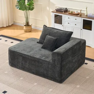okwish Einzelsofa,Freizeitsofa mit Seitentaschen und Kissen,Chaiselongue,Chenille,für kleine Wohnungen,Schwarz - Schwarz