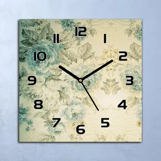 Wanduhr Echt-Glas-Küchenuhr Vintage Blumen blau Quarz 30x30 Deko Bilder - Blau