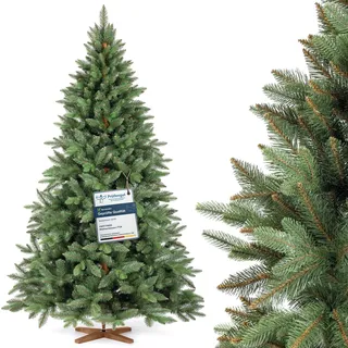 FAIRYTREES Weihnachtsbaum künstlich, Nordmanntanne Premium 220 cm, Naturgetreue Spritzguss Elemente, Künstlicher Weihnachtsbaum mit handgefertigtem Ständer aus Eschenholz