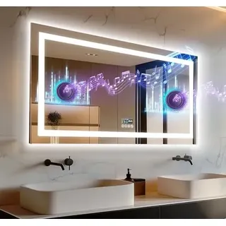 Luvodi Badezimmerspiegel Bluetooth, 120 x 60 cm, beleuchtete Wanduhr, Lichtspiegel, kosmetischer Flur dimmbar, 3 Farbtemperaturen, Anti-Fog,