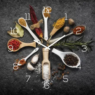Wanduhr Glas 30x30cm Uhr Glasbild Gewürze Küche Kräuter Wanddeko Glasuhr