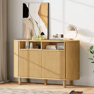 Merax Moderner Sideboard mit zwei Rundbogen-Türen und zwei Stauraumtüren, Ideal für Diele, Kommode Flur oder Wohnzimmer, Anrichte, Natur - Naturbelassen