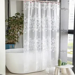 Vllcsla Duschvorhang Blumenmuster Anti Schimmel Wasserdicht, 300x200 cm, 300 cm Breite Waschbar Plastik Badvorhang, Duschvorhang Weiß mit Blumen, Duschvorhänge für Badezimmer, mit Haken