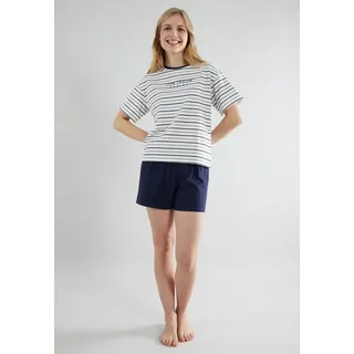Shorty TOM TAILOR "Zaria", Damen, Gr. 44 (XXL), blau, Single Jersey, Obermaterial: 95% Baumwolle, 5% Elasthan, bequem kurz, Rundhals, Homewear-Sets Shorty, Streifendesign, Kurzarm, Rundhalsausschnitt, kurze Hose, Baumwollmix