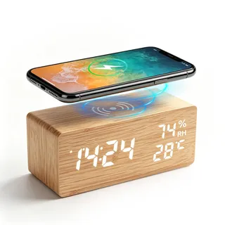 Digitaler Wecker Holz mit Kabelloser Ladestation, Smart Wecker mit mehreren weckzeiten, nachttisch uhr mit temperaturanzeige, Sprachsteuerung, Helligkeit Einstellbar für Schlafzimmer Zuhause Büro