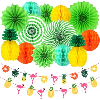 15 Stück Hawaii Party Dekoration - Papier Pompoms - Papierfächer Faltbar mit Hawaii Papier Wimpelkette für Hochzeit & Baby-Shower, Geburtstag Party