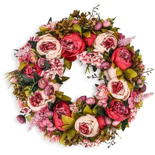 BOMAROLAN Künstlicher Pfingstrosenblumenkranz, 48.3 cm, Vintage, blühende Pfingstrosen, Frühling, Sommer, Herbst, Winter, große Kränze, Hochzeit, Wand oder Fensterdekoration