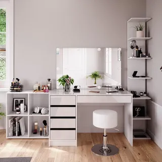 Vicco Schminktisch Sherry Weiß 5 Teile, mit Aufbewahrungsregal, Standregal, Spiegel, Hocker, Led Model 41637 - Weiß
