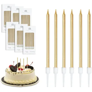 36er Set Geburtstagskerzen Gold Dünne Lange Kuchenkerzen Mit Halter | Sekt-Gold Optik, langes elegantes Design, 7 Min Brenndauer, hochwertige Wachsmischung, inklusive Halterungen
