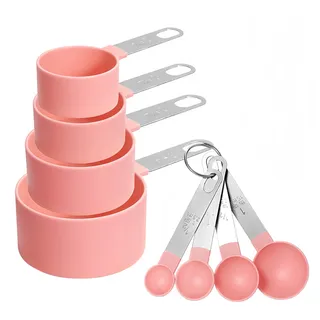 8-teiliges Messbecher- und Löffel-Set, inklusive 4 Edelstahl-Messbecher und 4 Mini-Messlöffel, stapelbarer Griff, präziser Esslöffel zum Messen von trockenen und flüssigen Zutaten (Rosa)