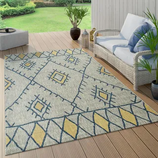 In- & Outdoor Teppich Flachgewebe Geometrisch Abstrakt Rauten Design Ethno Blau Grösse 200x280 cm - Gelb