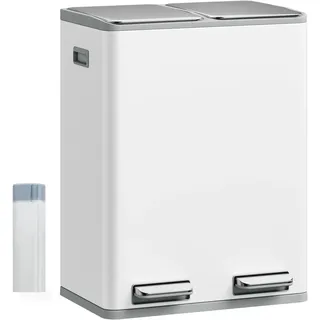 Hzuaneri Mülleimer Küche, 2 x 30 L, Mülltrennsystem 2 Fächer 60 L, Edelstahl-küchenmülleimer, Tretmülleimer, Abfalleimer Ruhiger Langsamer Abstieg, mit 15 Exklusiven Abfallbeuteln, Weiß SW06099W